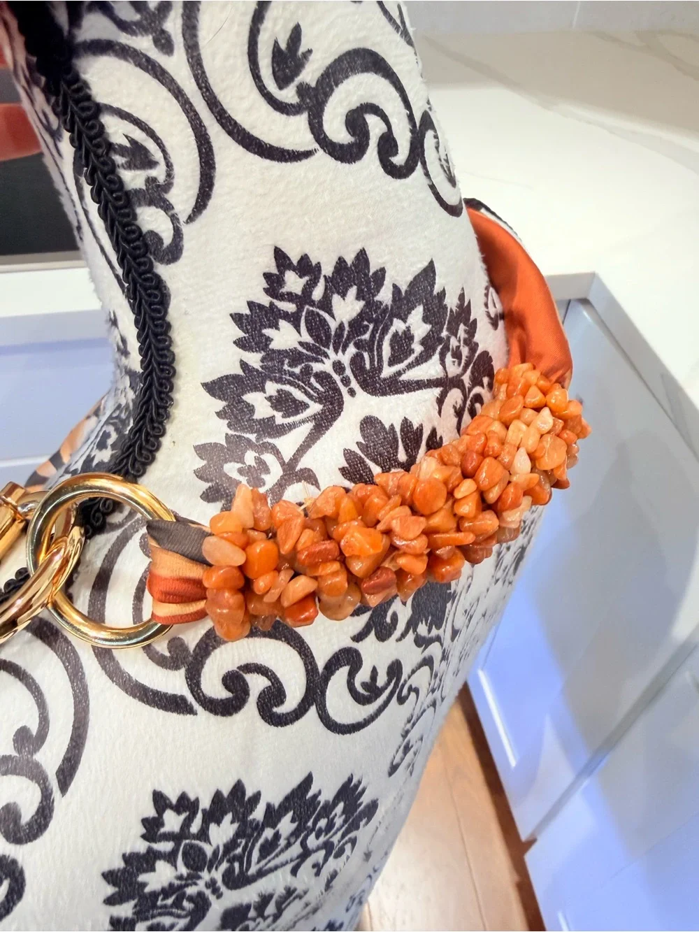 Animal Print Scarf Necklace Orange Stone Beads Gold Tone Statement Jewelry